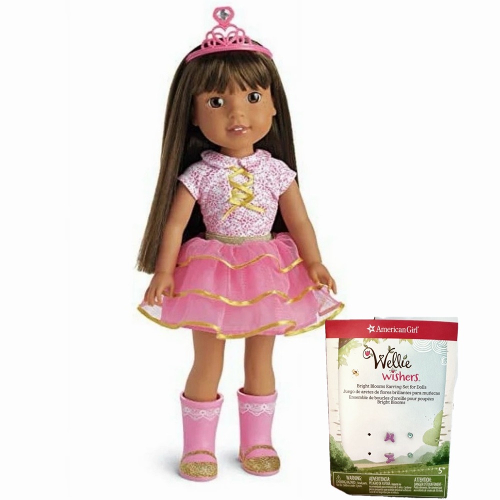 AMERICAN GIRL WellieWishers Ashlyn Doll w/ Pierced Ears + Earrings Bundle